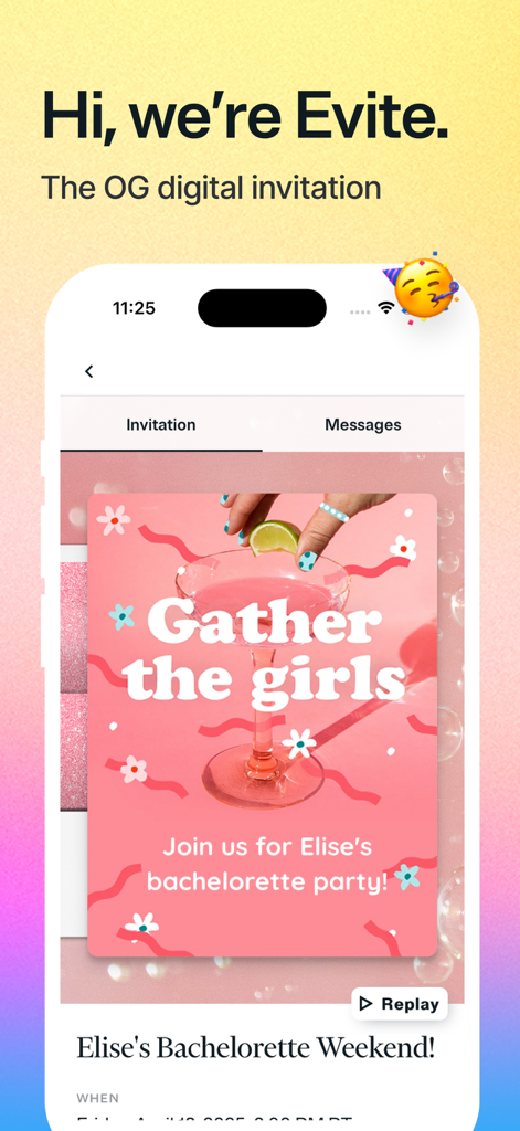 Evite App-Oberfläche, die eine rosa Einladungsvorlage für Junggesellinnenabschiede mit Cocktail-Illustration zeigt