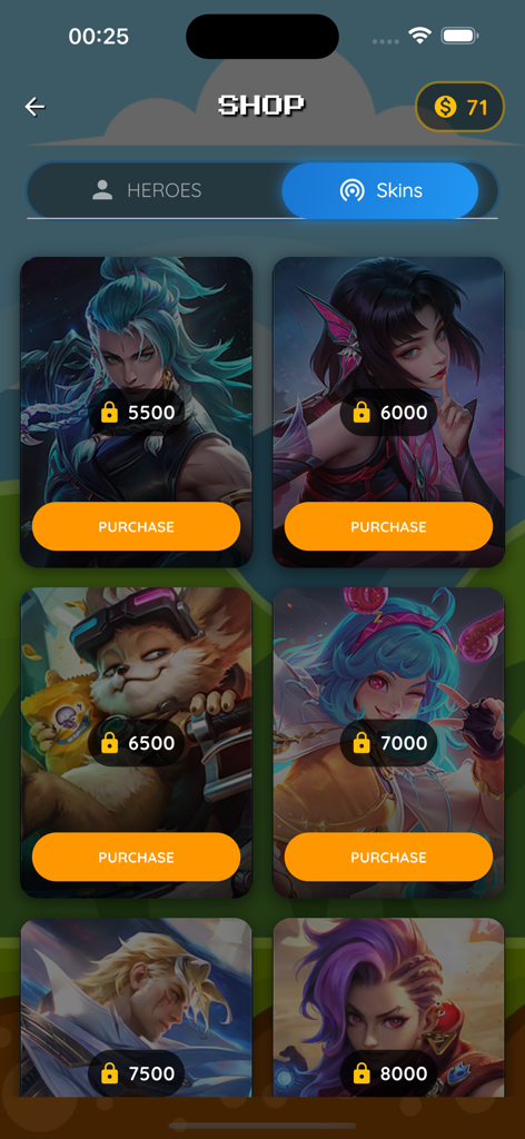 Refine Bang Bang - Skin Tool - Mobile game shop interface displaying various hero skins with coin prices and purchase buttons