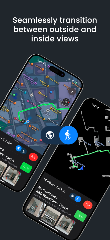 Toronto Path - Two mobile screens displaying the transition between outdoor street views and indoor underground PATH maps.