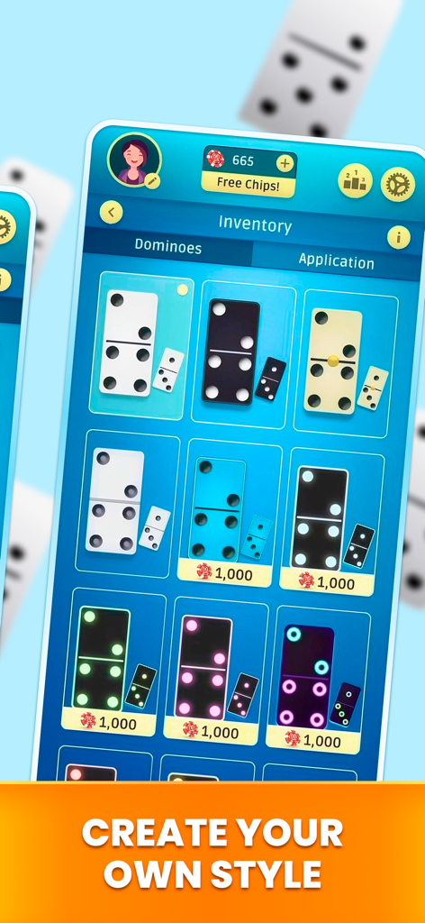 A mobile app screen titled Inventory displaying various colorful domino tile designs for player customization