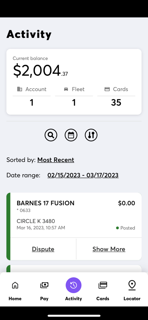 DRIVEN FOR FUELMAN® - Activity screen in the Fuelman app showing account balance and transaction details.