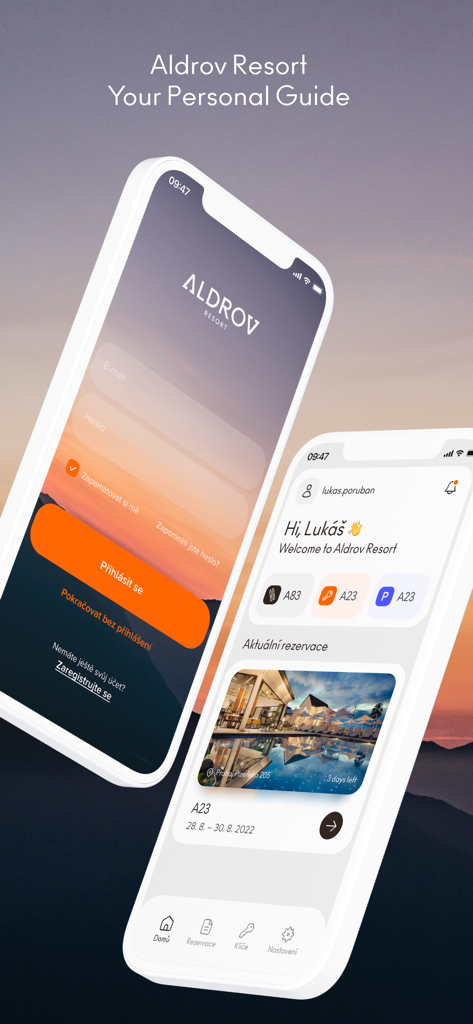 Interfaz de la aplicación móvil Aldrov Resort que muestra la pantalla de inicio de sesión y el panel del huésped con funciones de reserva y llave móvil.