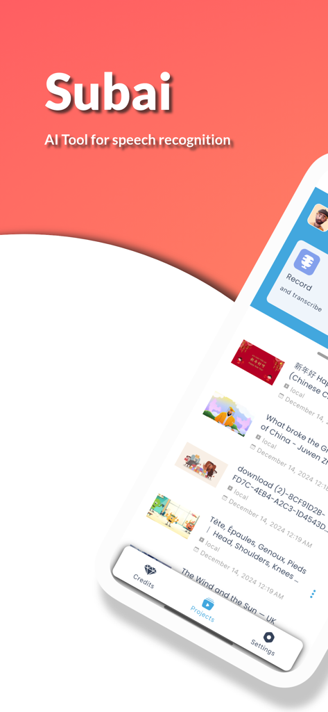 Subai - Subai app interface displaying a list of AI-transcribed and translated video projects