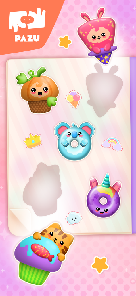 A digital sticker book featuring colorful and cute kawaii squishy toys including a koala donut and a cat cupcake