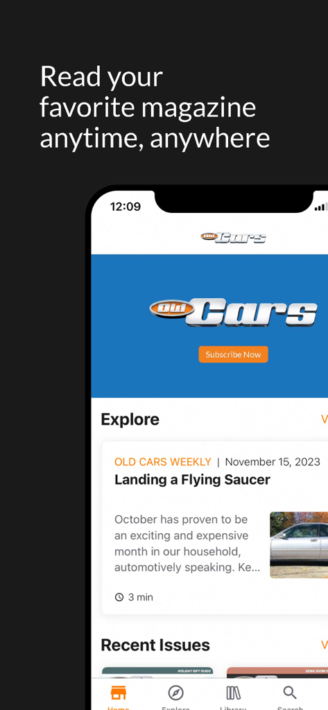 Old Cars Weekly - Interface of the Old Cars Weekly mobile app showing classic car restoration articles and magazine subscription options