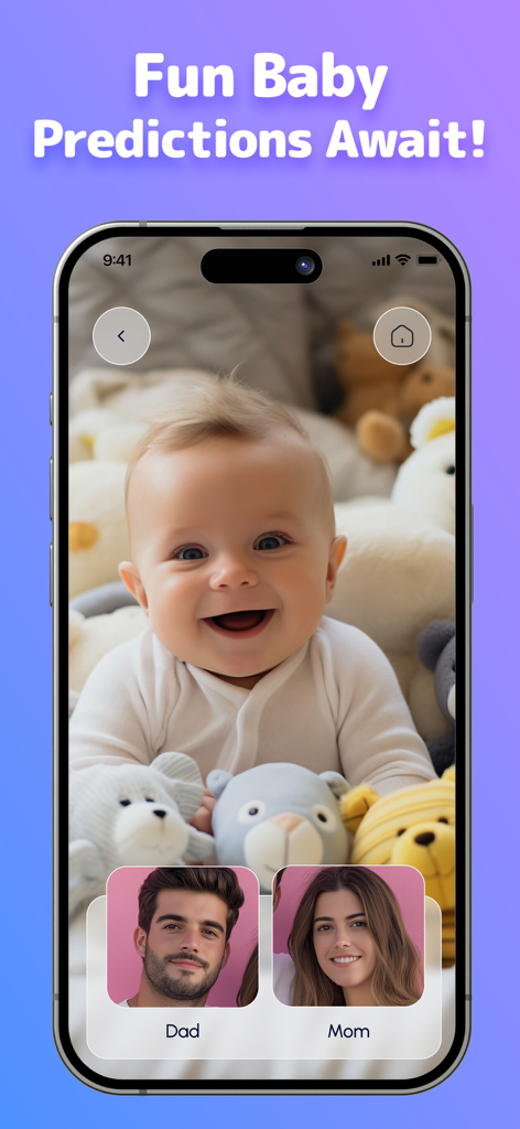 App interface displaying a predicted baby face based on photos of the parents.