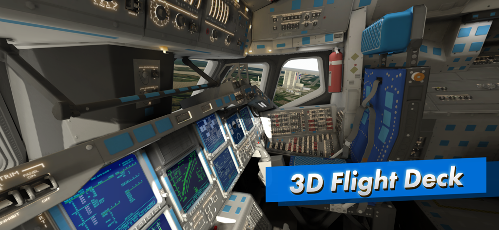 F-Sim|Space Shuttle 2 - A detailed 3D interior view of the Space Shuttle flight deck in the F-Sim 2 simulator