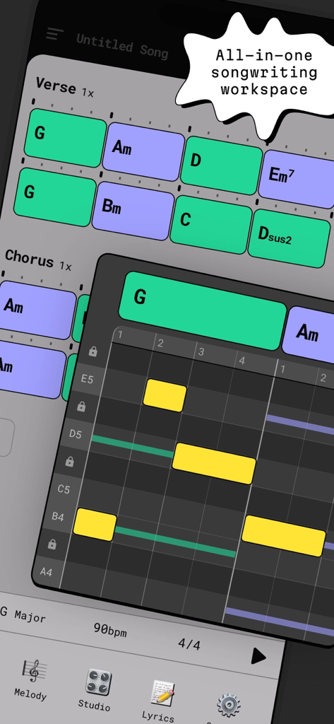 ChordButter app interface showing an all in one songwriting workspace with chord blocks and melody editor