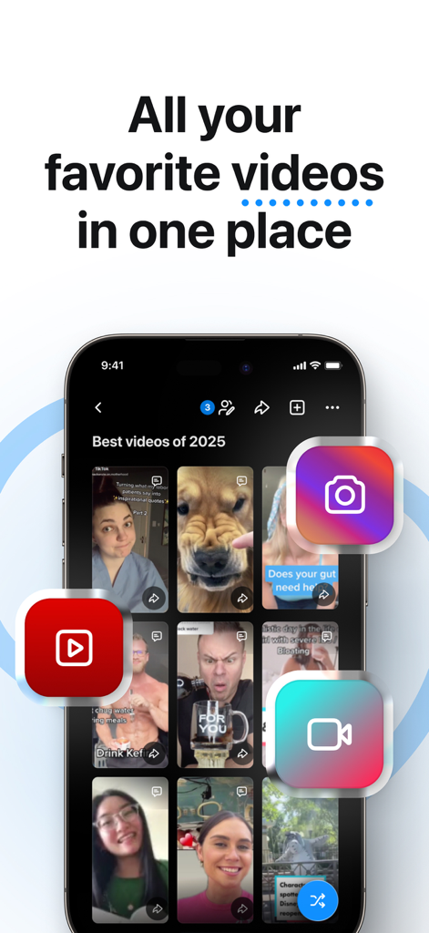 Pantalla de smartphone que muestra la interfaz de la aplicación Faves con videos organizados de redes sociales de múltiples plataformas