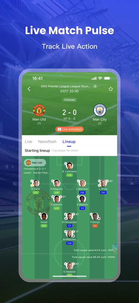 KBall - Live Sports Platform - KBall app interface showing a tactical football lineup with player ratings and field formation