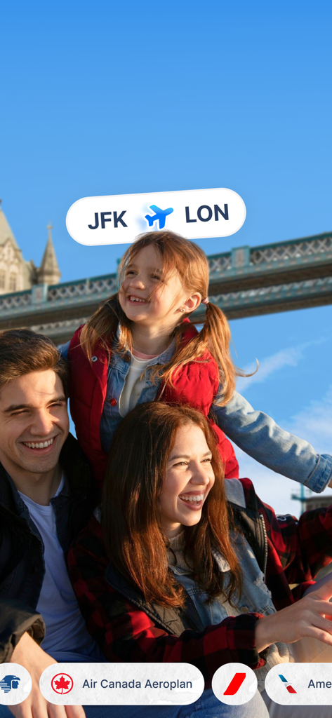 Flightpoints - Award Flights - A happy family on vacation in London booked using flight points and miles from JFK