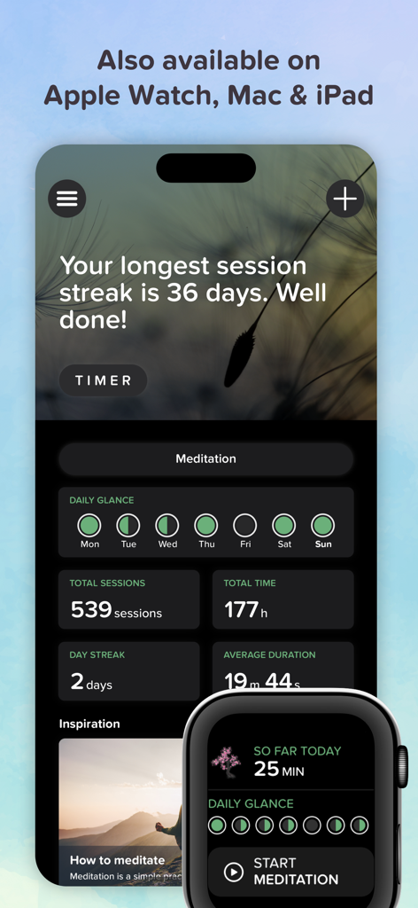 Timefully - Meditation Timer - Timefully meditation app dashboard and Apple Watch interface showing practice statistics and daily streaks