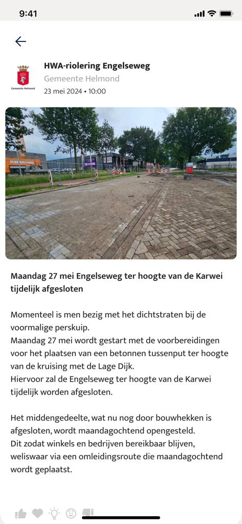 Helmond Bouwt - Screenshot der Helmond Bouwt App mit einem Projekt-Update für Straßenbau- und Kanalbauarbeiten in der Engelseweg.