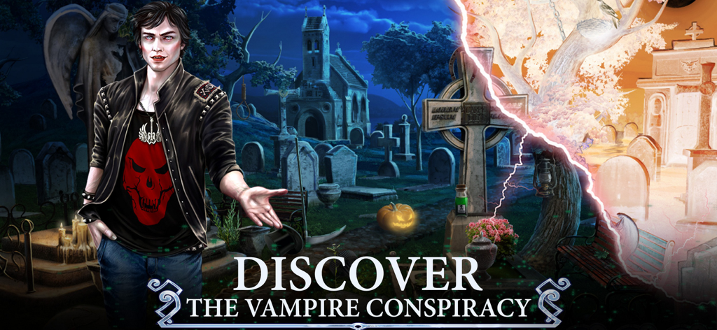 Hidden Objects: Twilight Town - Un personaggio vampiro in un cimitero spettrale con testo di gioco che dice Scopri la cospirazione dei vampiri