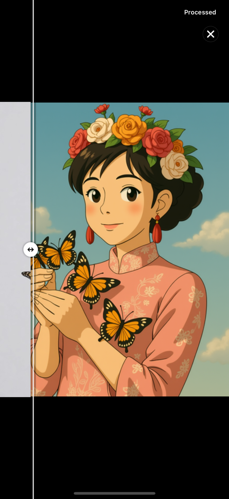 An AI-generated portrait of a woman in Studio Ghibli anime style wearing a flower crown and surrounded by monarch butterflies.