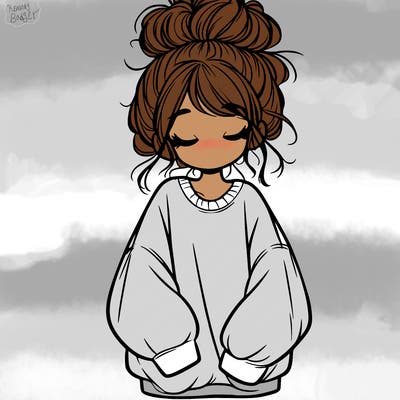 girl with baggy sweatshirt and messy bun