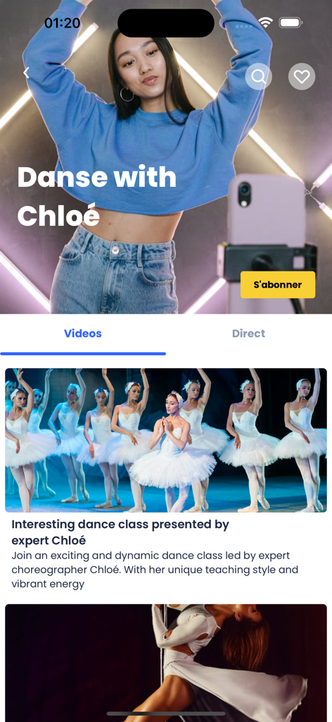 Vivastream - Vivastream app screen showing a dance instructor profile with video and live streaming options