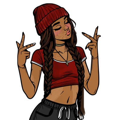 realistic teenage girl with braids and a beanie and crop top doing 🫶🏼