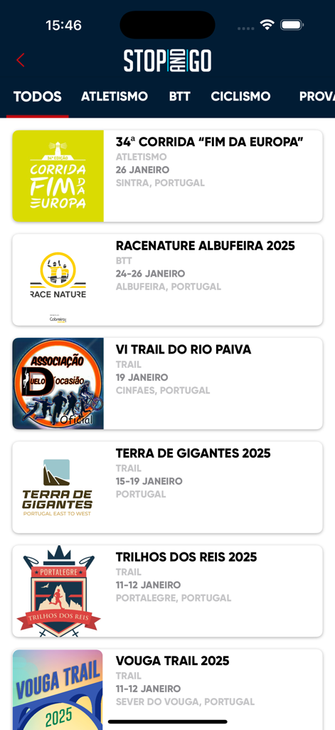 STOP and GO - Schermata dell'app mobile che visualizza un elenco di imminenti eventi sportivi, tra cui gare di corsa e ciclismo con date e luoghi