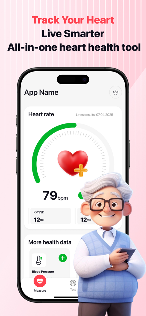 HeartSnap health tracker app interface showing heart rate measurement of 79 bpm with a smiling senior man illustration