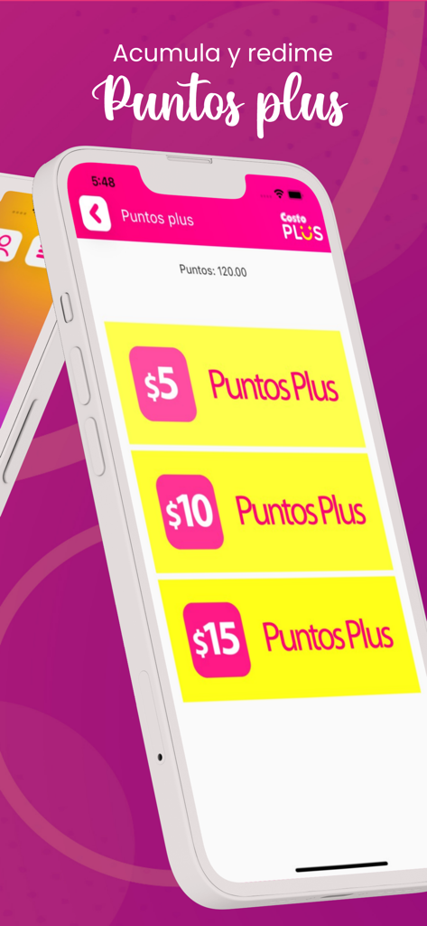 Costo Plus - Pantalla de la app Costo Plus mostrando opciones de canje de puntos de lealtad por cinco, diez y quince dólares