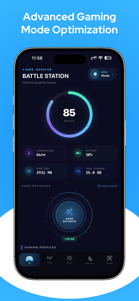 Advanced gaming mode optimization dashboard showing device performance metrics and game booster tool