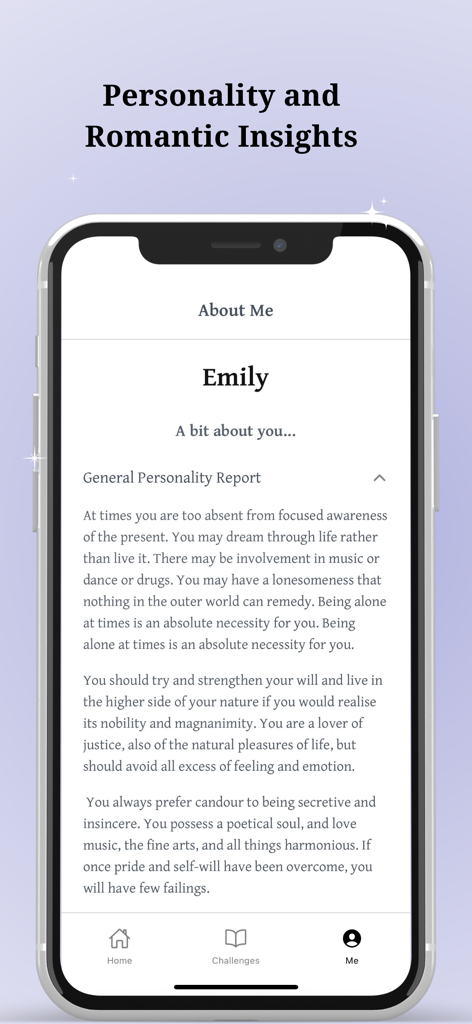 Celeste - Life Guide - Una captura de pantalla de la aplicación Celeste que muestra un informe personalizado de aspectos de personalidad y románticos para un usuario.