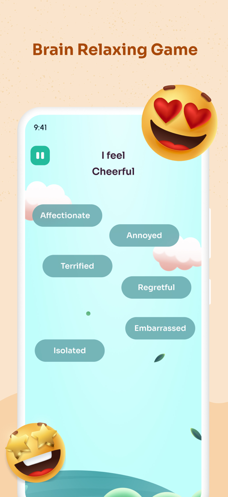 Mental Health - Self Care - Captura de pantalla de una función de juego relajante para el cerebro dentro de una aplicación de autocuidado que muestra varias etiquetas de estado de ánimo.