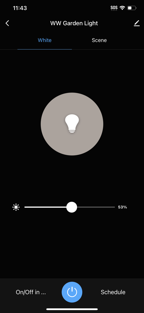Holman Home - Interfaccia dell'app Holman Home per regolare la luminosità delle luci da giardino bianche calde con un cursore