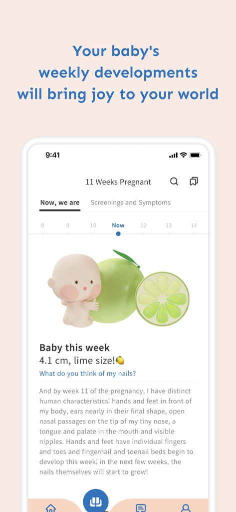 Baby Billy - Pregnancy & Baby - Baby Billy app screen showing 11 weeks pregnant development milestones and baby size compared to a lime