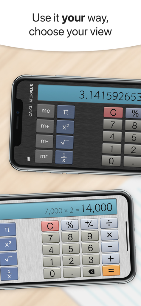 Calculator Plus - PRO - Aplicación Calculator Plus PRO mostrando temas de interfaz claros y oscuros en teléfonos inteligentes