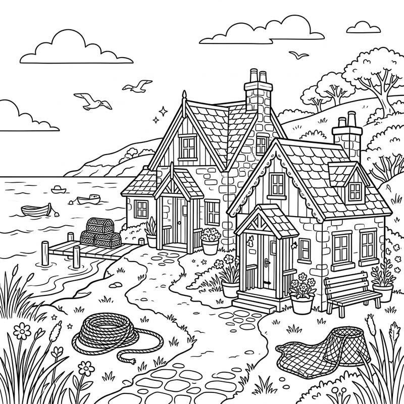 Embark on a creative adventure with our Fisherman's Cottages coloring page, specially designed for kids aged 4-8. This delightful scene invites young artists to color quaint seaside homes, boats, and playful seagulls by the calm ocean.