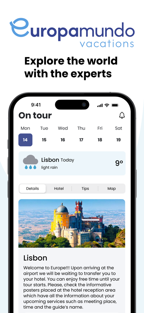 El asistente de viaje en ruta de la app Europamundo mostrando un itinerario y el clima de Lisboa.