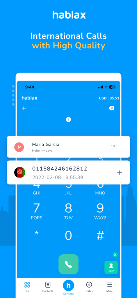 Hablax: Mobile Recharges - Interfaz del marcador de la aplicación Hablax para llamadas internacionales de alta calidad