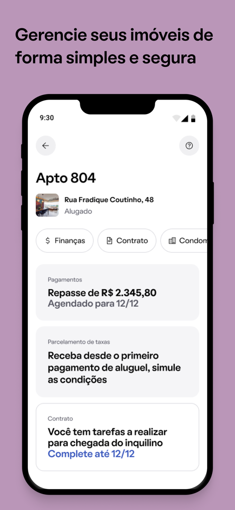 QuintoAndar: Aluguel e Compra - QuintoAndar mobile app interface showing property management tools for owners including rental income details and tenant tasks
