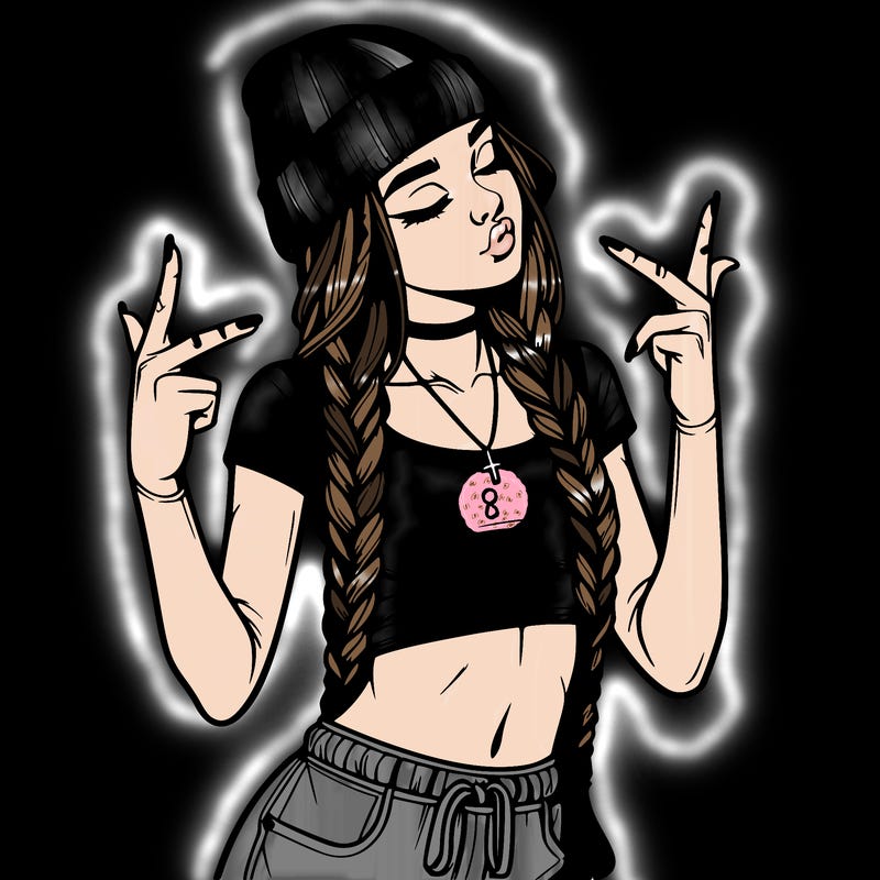 realistic teenage girl with braids and a beanie and crop top doing 🫶🏼