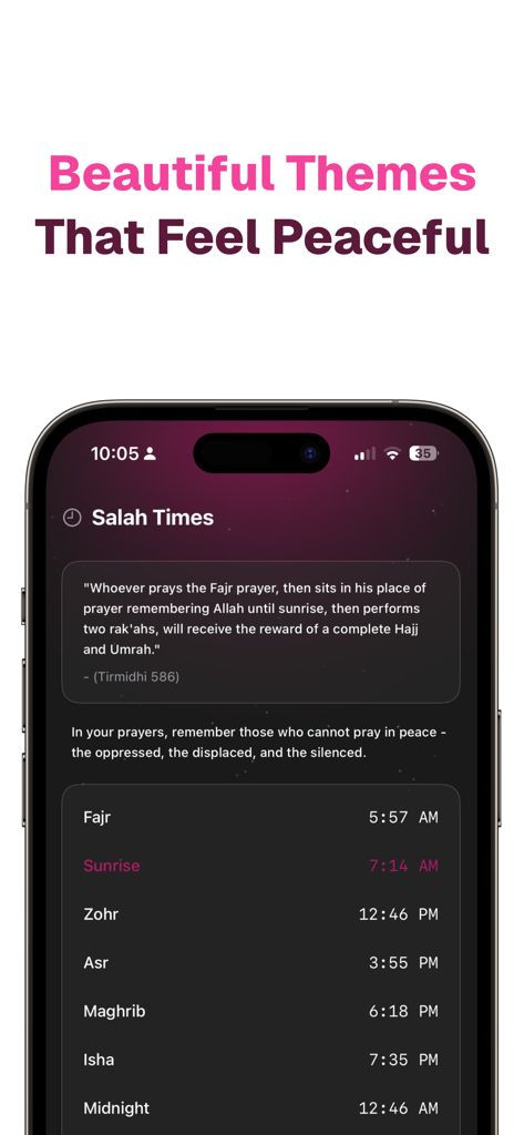 The Qibla: Direction & Times - Interfaz de aplicación móvil mostrando los horarios diarios de oración islámica con un tema oscuro estrellado y una cita religiosa