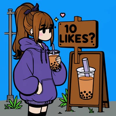 girl with oversized hoodie drinking boba and she has a high ponytail with a sign that says 10likes?