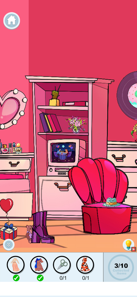 Infinite Zoom Art Game! - Uma cena de quarto rosa de um jogo de objetos escondidos com itens para encontrar para vestir bonecas de papel