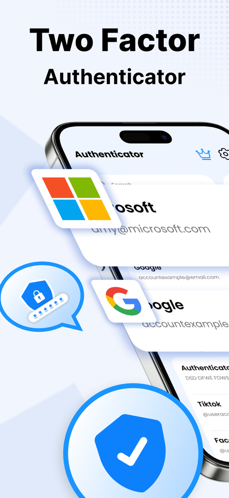 Dashboard der Authenticator App 2FA Secure zeigt Zwei-Faktor-Authentifizierung für Microsoft- und Google-Konten