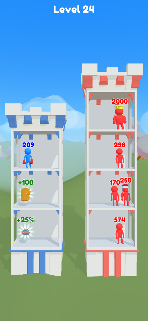 Push Tower - Push Tower gameplay showing a blue hero character on a tower floor preparing to battle red enemies with power numbers
