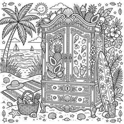 Unpack your creativity with this delightful armoire coloring page, perfectly capturing the spirit of a summer vacation. This intricate design blends ornate furniture with lush tropical elements and a vibrant beach scene, ready for your artistic touch.