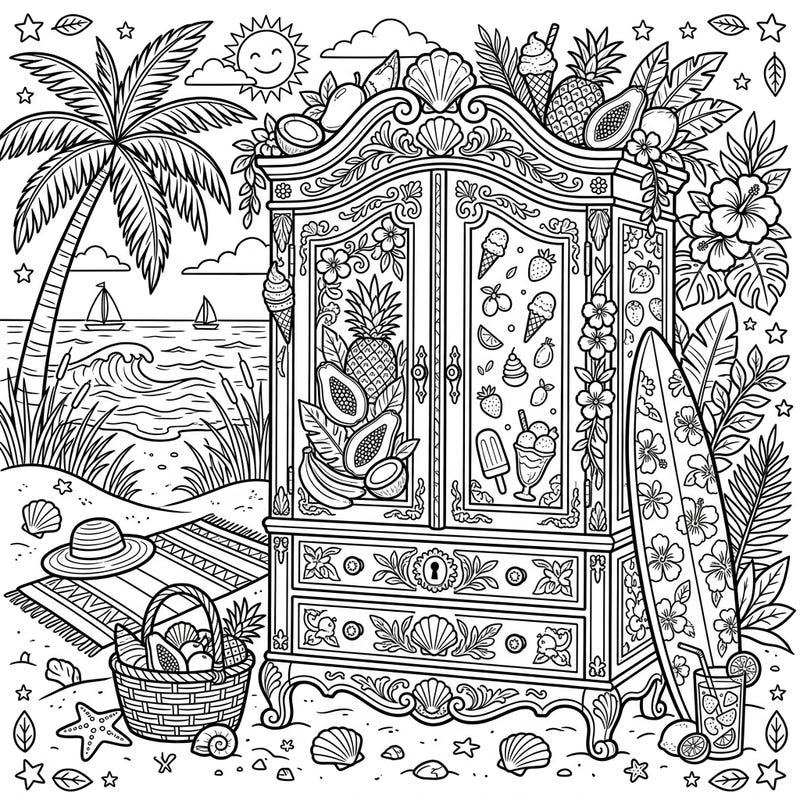 Unpack your creativity with this delightful armoire coloring page, perfectly capturing the spirit of a summer vacation. This intricate design blends ornate furniture with lush tropical elements and a vibrant beach scene, ready for your artistic touch.