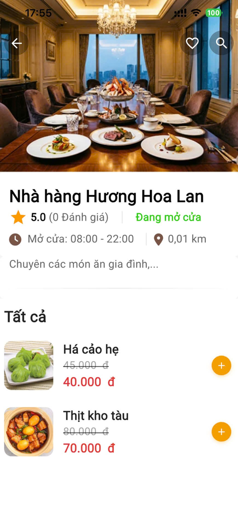 Alo Go - Đặt Food - Gọi Xế - Alo Go app screenshot showing a Vietnamese restaurant menu with traditional dishes like braised pork and chive dumplings