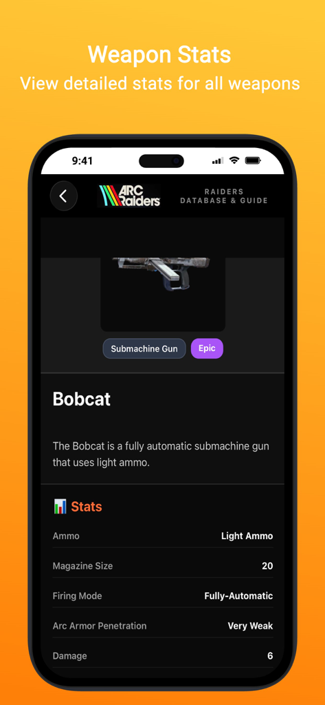 ARC Intel: A Raiders Database - Detailed weapon statistics for the Bobcat SMG in the ARC Intel app