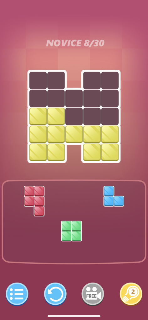 Block Hit - Puzzle Game - Gameplay screen of Block Hit Puzzle Game showing a Novice level grid and colorful blocks