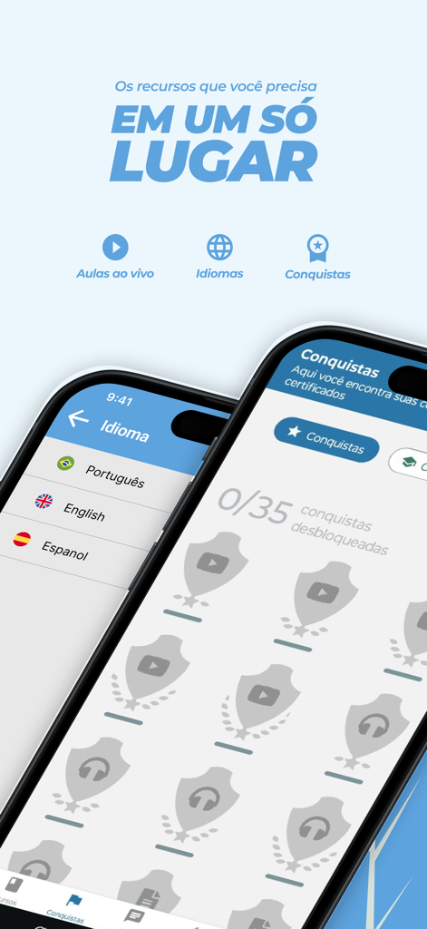 Avance - Avance education app interface showing language selection and a gamified achievements dashboard.