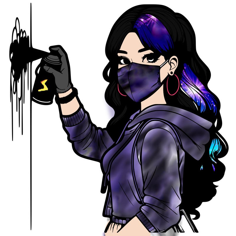 realistic girl with mask spray painting a wall