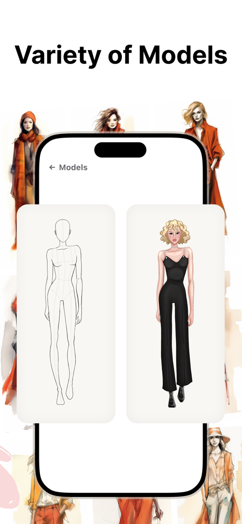 Fashion Design Sketch Tools - Fashion design app screen showing different model templates for sketching and styling