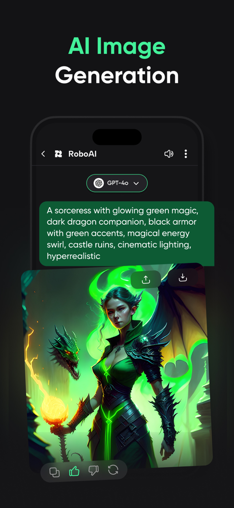 RoboAI - Chat & Ask AI Chatbot - RoboAI app interface showing AI image generation of a sorceress with a dragon companion based on a text prompt.